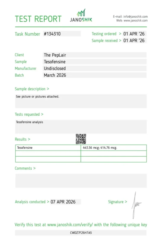 Third-party certificate of analysis test report — PepLair Research